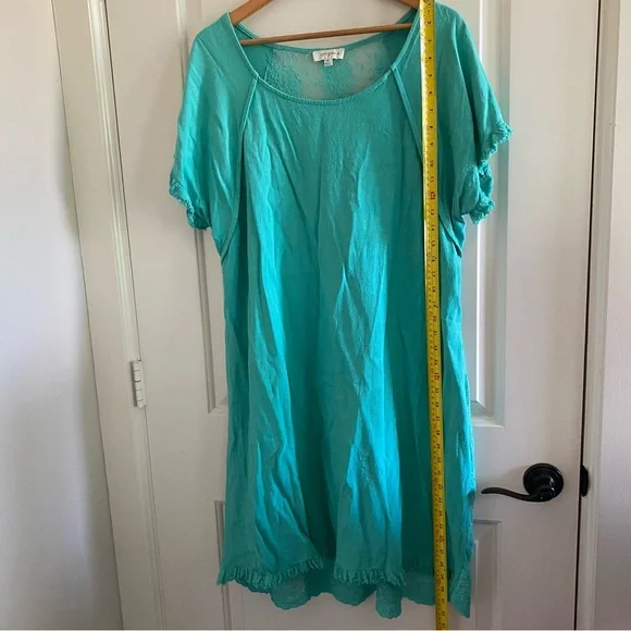 Umgee Turquoise Linen blend Dress with lace back, pockets & fringe hem. Sz 1XL. - Picture 11 of 11